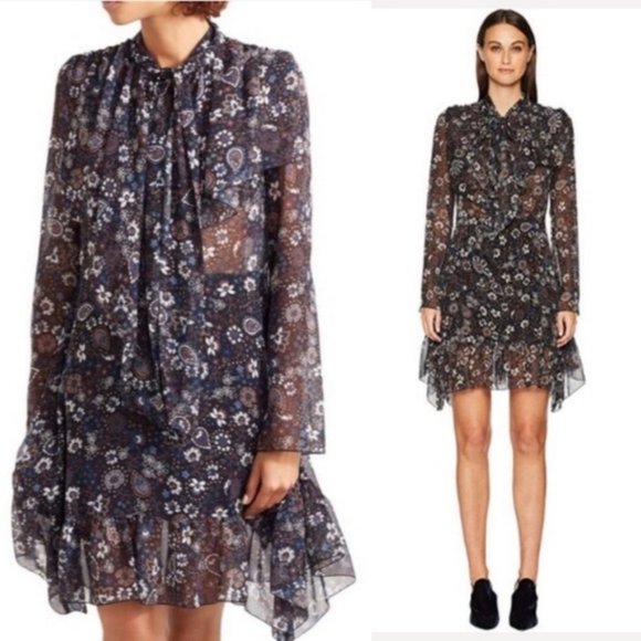 -SOLD- See By Chloe Large High Neck Button Down Pussy Bow Sheer Dress - Picture 5 of 8